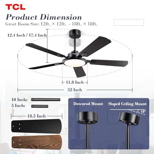 TCL Ceiling Fans with Lights, 52 Inch Ceiling Fan with Light and Remote Control, Reversible DC Motor, Noiseless, Dimmable 36W LED, Modern Ceiling Fan for Bedroom Living Room (Black)