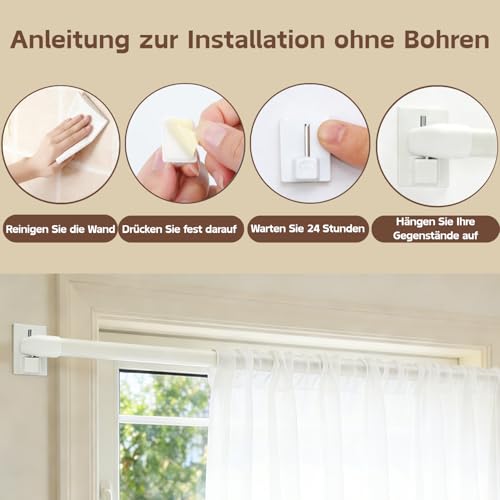 Curtain Rails with Self-Adhesive Hooks for Windows, Kitchen, DIY Projects, Extendable Curtain Rails, 80–130 cm, White, Pack of 2