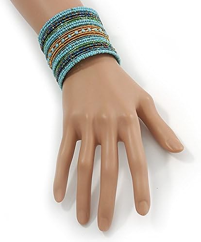 Avalaya Wide Snow Light Blue/Gold/Peacock/Apple Green Glass Bead Flex Bracelet - Adjustable - 60mm W, gold, green, light blue - Image 5