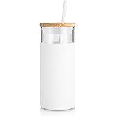 Tronco 20 oz Glass Tumbler with Lid and Straw, Iced Coffee Cup and Smoothie Cup with Bamboo Lids & Protective Silicone Sleeve, Dishwasher Safe, BPA-Free, Glass Cup 1 Pack