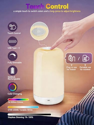 Smart Bedside Touch Table Lamp, App Control & Color Changing, Rechargeable Cordless LED Night Light, 3600mAh Battery, RGB Dimmable for Kids Bedroom, Nursery, Living Room, Desk, Ramadan Decor Gift