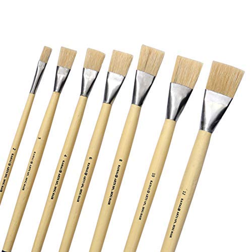 Kamal® Flat Artist Quality Painting Brush White Natural Hog Hair Non – Synthetic Cream/Blue Long Handle Handmade Quality