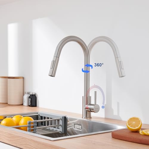 Lonheo Kitchen Sink Tap, Kitchen Mixer Tap with Pull-Out Hand, 2 Modes, Stainless Steel Kitchen Faucets 360° Swivel for Hot and Cold Water
