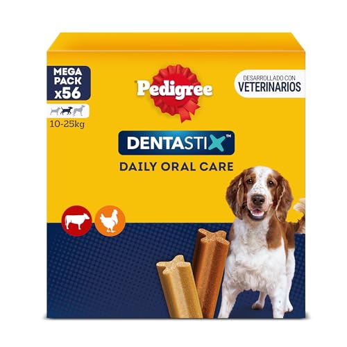 DENTASTIX Sticks Dentaires pour Moyen Chien 10-25kg - 56 Bâtonnets à Mâcher (Lot de 8 Sachets de 7 Friandises) - Hygiène Bucco-dentaire, Scientifiquement Prouvé, Nettoyage Dents au Quotidien
