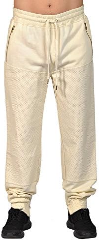 Half PU Leather Buttom Jogger 3 Zipper Pocket with Drawstring and Cuff Zipper Buttom (2X, Cream)