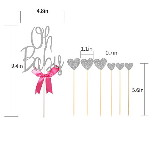 PALASASA Silver Glitter "Oh Baby" and love star Happy Birthday Cake Topper Party Baby Shower Cake Decoration,Set of 7