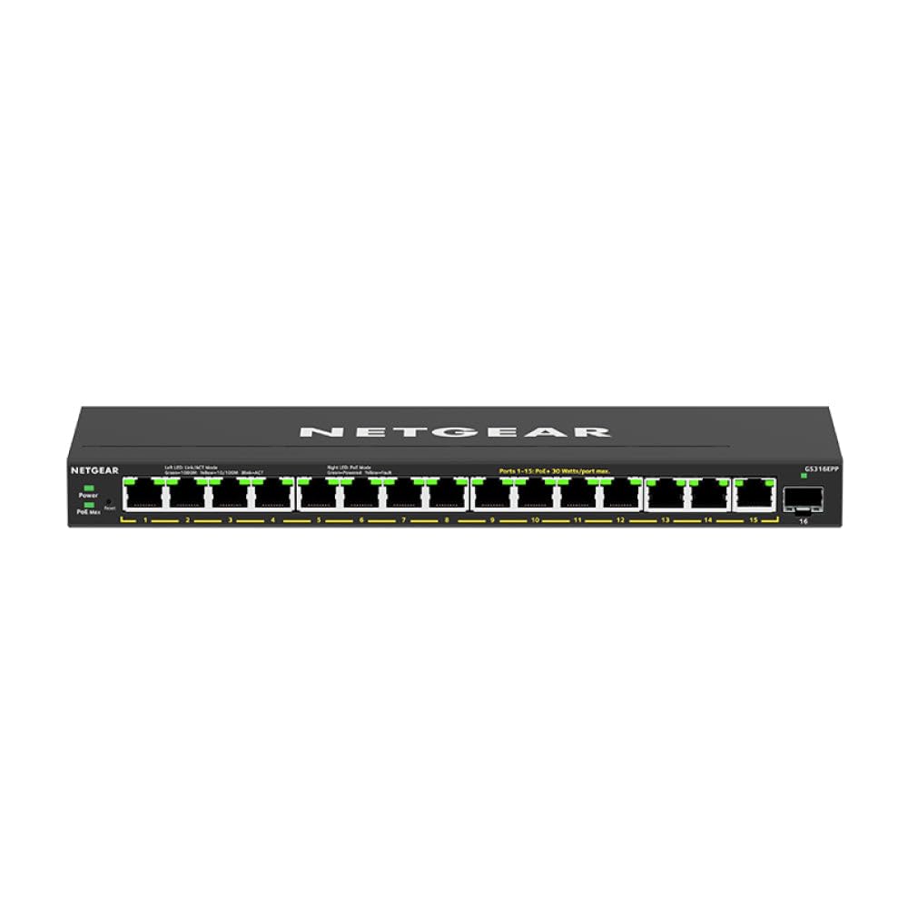 NETGEAR 16-Port PoE Gigabit Ethernet Plus Switch (GS316EPP) - Managed With 15 X PoE+ @ 231W, 1 X 1G SFP Port, Desktop/Wall Mount