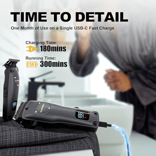 SUPRENT Mens Hair Clippers Cordless Rechargeable Hair Cutting Kits with LED Display Professional Hair Clipper and Trimmer for Barbers & Home Use