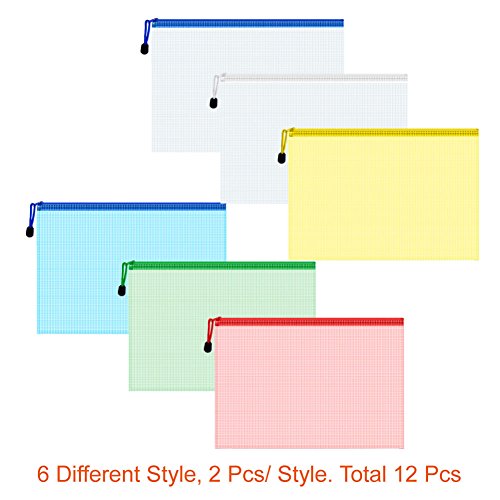 Paxcoo 12 Pcs 5 Colors A4 Plastic Zip File Paper Document Folder Bags Storage Pouch