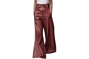 oshoplive Women's Faux Leather Pants PU High Waist Wide Leg Pants with Pockets Pleated Going Out Flare Trousers