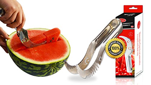 Stainless Steel Watermelon Slicer Tongs by naturechef, Corer, Cutter, Knife and Server Easily Cuts Melon, Cantaloupe, Honeydew-Perfect Slicer Cores and Peels Fruit - FREE BONUS - money back guarantee