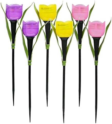 Six Plastic Solar-Powered Tulip-Shaped Stake Lights, 2 Pink 2 Purple 2 Yellow (6, Multi)