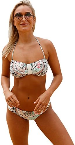 LittleLittleSky Womens Sexy Chic Bohemian Print Halter Bandeau Bikini Set Swimwear Bathing Suits ((US 8-10)M, Bohemian Print)