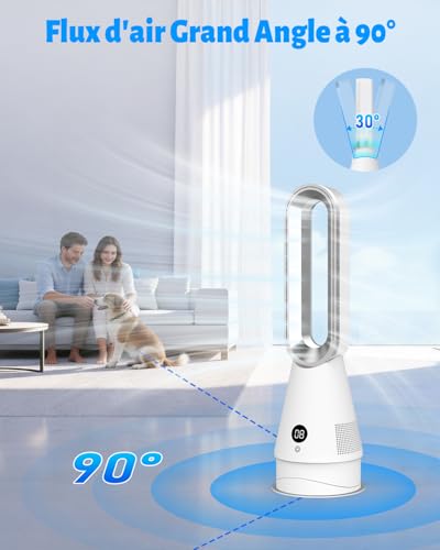 2026 Bladeless Fan, Column Fan with Remote Control, 8 Speeds Silent Bedroom Fan and 2 Modes, 90° + 30° Oscillation, 9H Timer, LED Screen, Tower Fan for Living Room & Office
