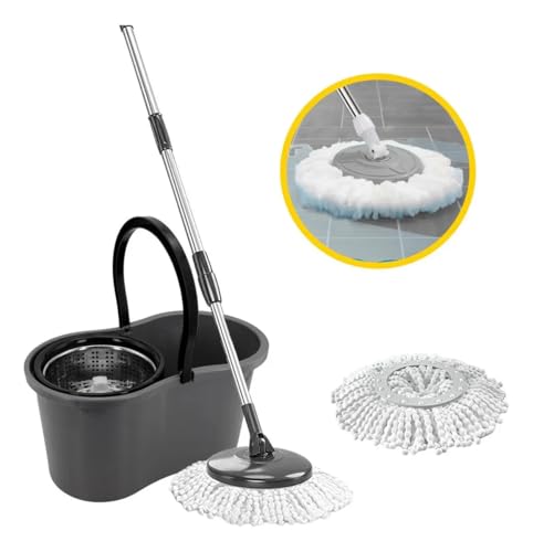 Mop com Balde Giratório 9 Litros, Cesto Inox, com Esfregão, Sistema de Limpeza 360°, Lava e Seca, Cabo Extensível, Cesto de Aço Inoxidável, Cinza - premium