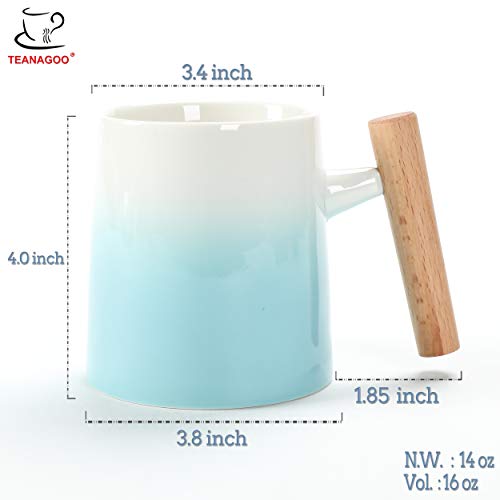 TEANAGOO MS026C Porcelain Mug with Wooden Handle - 16 Ounce for Coffee, Tea, Cocoa, Set of 6, Cold Assorted Colors