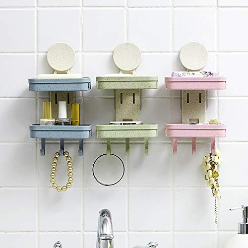 MOVEmen Bathroom Hook Up Shower Soap Box Dish Storage Plate Tray Holder Case Soap Holder Double Wall Shelf Storage Rack Sponges Shelf Kitchen Sink Storage Rack Jewelry Stand (Green) - Thumbnail 2