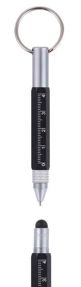 Mini Multi Function Pen with Keyring Hook, Stylus, Cross Screwdriver, Flat Screwdriver, Ruler (Black)