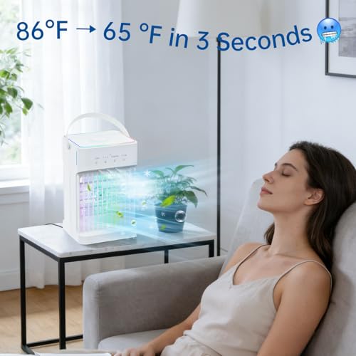 Portable Air Conditioner Cooling Fan, 1100ML Air Conditioning Unit with 3 Wind Speeds, Personal Air Cooler Fan with 7 LED Light, 2-8 Adjustable Timer, 3 Cool Mist Modes Ice Fan for Bedroom Car Office