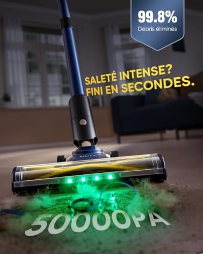 V12 Aspirateur Balai sans Fil, 50Kpa/50Min/450W Aspirateur sans Fil Puissant, Technologie GreenEye, Écran LED, Brosse Anti-Emmêlement, Rechargeable, pour Tapis, Sols Durs et Poils d'animaux