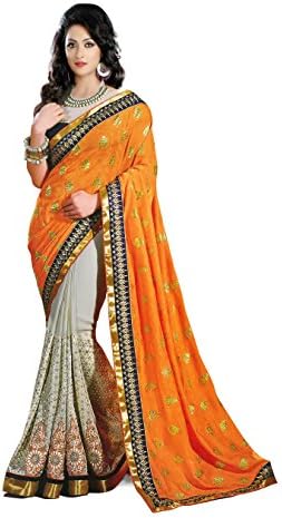 Stylo Sarees Women Indian Wedding Designer Ethnic Party Wear Traditional Saree Orange, Cream