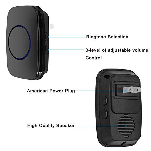 Waterproof Wireless Doorbell Kit, YIHUNION Chime Operated over 1000ft with 1 Remote Button and 1 Plug-in Receiver Operating for Office and Home (1 Transmitter + 1 Receiver (Black))