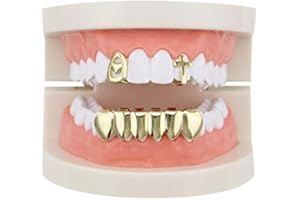 OOCC 2 Single Heart Cross Shape Top Grillz Teeth & 6 Bottom Set Grillz, Gold Plated Brass, Dental Grills, Teeth Jewelry, Unisex, Adults, Fashion-conscious, Trend-aware
