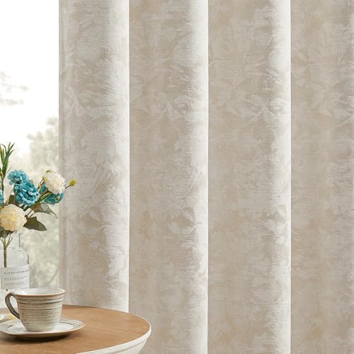 Beauoop Beige Floral Jacquard Blackout Curtains 84 Inches Long 2 Panels for Bedroom Living Room Taupe Flower Chenille Room Darkening Thermal Insulated Soundproof Grommet Window Treatments Drapes 52x84