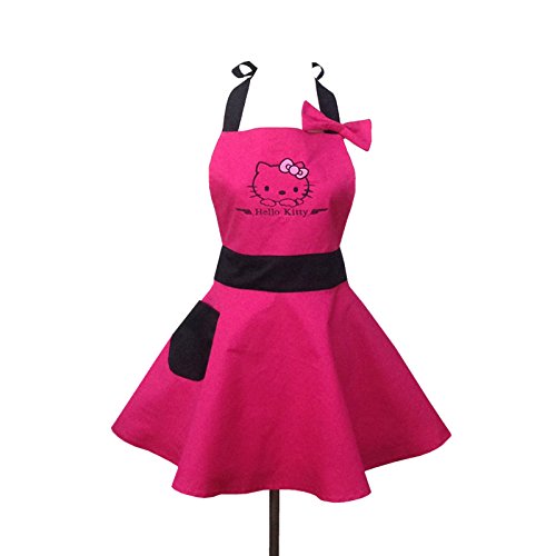 Lovely Hello Kitty Pink Retro Kitchen Aprons for Woman Girl Cotton Cooking Salon Pinafore Vintage Apron Dress