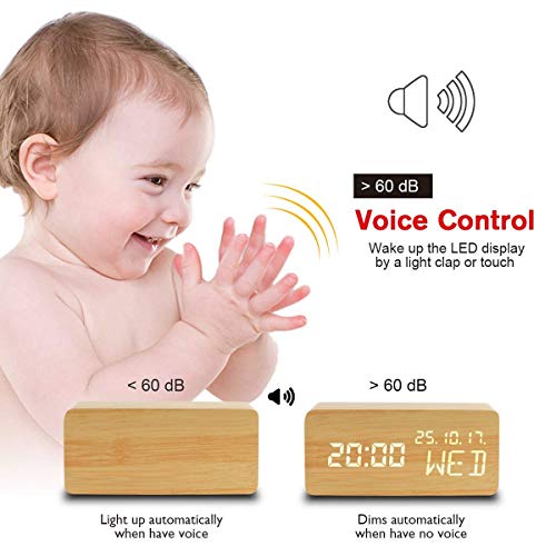 Led Digital Analog Alarm Clocks, Wooden Travel Clock with Time/Date/Week/Temperature/USB Desk Shelf Clocks, Sound Control 3 Levels Brightness 3 Loud Alarm for Heavy Sleepers Bedrooms Kids Girls Teens