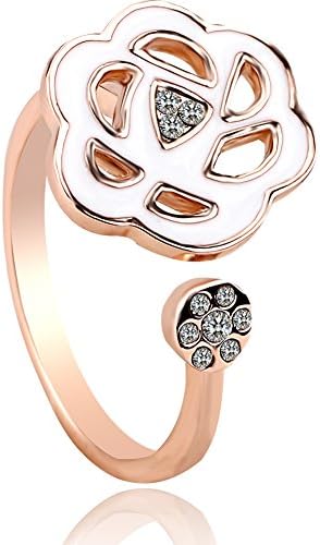Flower Blossom Brass Plated Rose Gold Open Tail Statement Ring with Cubic Zirconia