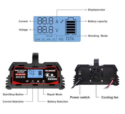 25A 12V/24V Car Battery Charger Fully Automatic Car Battery Charger Smart Charger with LCD Display Car Battery Chargers