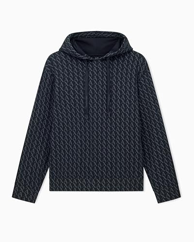 Armani Exchange Men's Cotton French Terry All Over Logo Hoodie, Black/Black All…