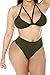 Kisscynest Women's Halter Cut Out Three Piece Swimsuit Coverup 3 Pcs Bikini Set with Cover Ups Skirt M Army Green