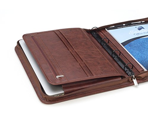 Professional Business Padfolio Portfolio Briefcase Style Organizer Folder Notepad and 4 Ring Binder - Brown Synthetic Leather - Thumbnail 4