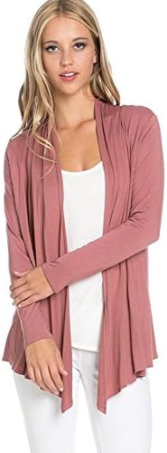 Encler Women's Basic Solid Long Sleeve Open Front Draped Cardigan Wrap Sweater USA (Large, Dusty Rose)