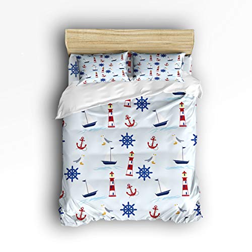 King Bedding Duvet Cover Set 4 Piece Nautical Element Anchor