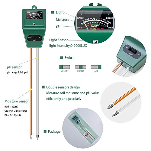 Axwcon Soil pH Meter, 3-in-1 Soil Test Kit Moisture/Light/pH Tester Great for Gardening, Farming, Indoor & Outdoor (No Battery Needed)
