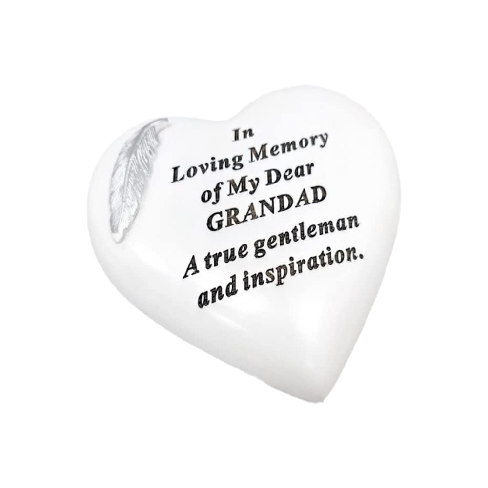 OnlineStreet Memorial Stone Heart Plaques Grave Ornaments - Personalised Grave Decoration White & Silver Plaques with Feather- Outdoor Memorial Plaques 15 x 15cm (Grandad)