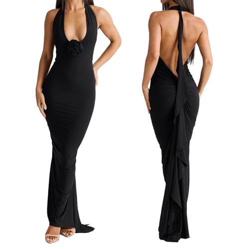 Women Sexy Backless Dress Halter Deep V Neck Detachable Flower Sleeveless Open Back Maxi Dress Cocktail Prom Formal Dresses