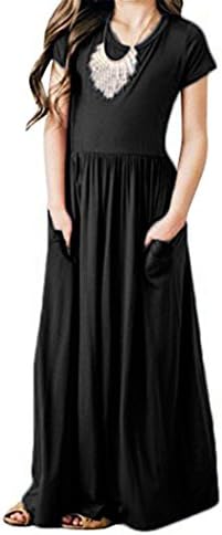 ZHANGVIP Little Baby Girls Solid Color Short Sleeve Dress Kids Sundress Summer Evening Party Beach Long Skirt 3-9Y