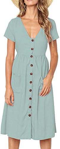 Boosouly Women's Summer Short Sleeve V Neck Button Down Casual Midi Dress with Pockets