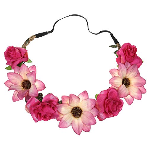 Women Girl Sunflower Rose Flower Crown Wedding Festival Headband Hairband Hair Garland(Rose red)