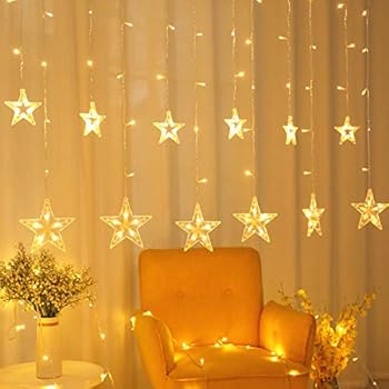 Areskey Star Christmas Lights,138 LED 12 Star Curtain String Lights,Waterproof Star Lights Decorative Bedroom Indoor Outdoor Window Wedding Party Garden,8 Modes RF Remote,Warm White