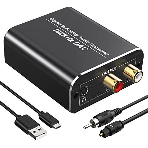 192Khz DAC Digital to Analog Audio Converter, Aluminum Optical to RCA  Converter with Optical Coaxial Cable, Digital Spdif/Optical/Toslink to  Analog