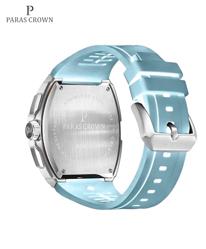 PC PARAS CROWN Men's Chronograph Sport Casual Watch with Japanese Movement Water Resistant 5 ATM Stainless Steel Tonneau Case Silicone Strap Quartz