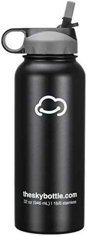 Stainless Steel Vacuum Insulated Water Bottle with Straw Lid - Keeps Hot &amp; Cold Beverages for Hours - Thermos Double Walled - 32 oz.(1 Liter) - Black