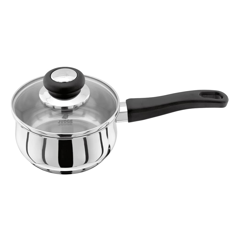 Judge Vista Stainless Steel Saucepan Medium 14cm 900ml, Shatterproof Vented Glass Lid, Induction Ready, Oven Safe, 25 Year Guarantee