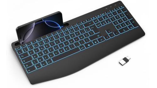 TECURS Clavier sans Fil 2,4 GHz AZERTY Français avec Repose-Poignet, Noir | Rétroéclairage 7 Couleurs, Rechargeable, Ergonomique, Récepteur 2-en-1 USB-A et Type-C, Silencieux, pour Windows PC, Bureau