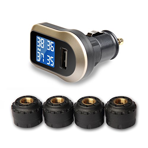 Vesafe Wireless Tire Pressure Monitoring System (TPMS), with 4 External Cap sensors. (Cigarette Lighter Plug with 2A Charging) (Color)